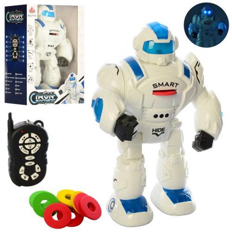 Робот 27115 (12шт) р/в, 36см, ходить, їздить, стріляє дисками, муз, зв, св, бат, кор, 26-36-14см (шт.)