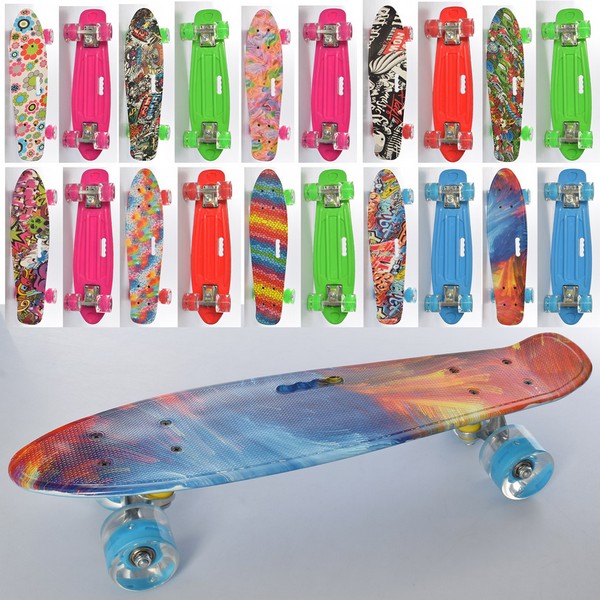 Скейт MS 0749-9 (10шт) пенні, 55-14,5см, колеса ПУ світло, малюнок, ручка, розібр, 10вид, в пакеті (шт.)