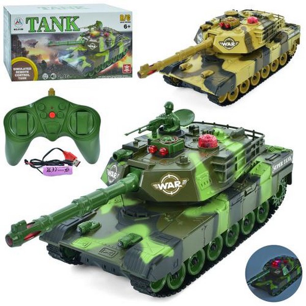 Танк 0186 (9шт) р/к2,4G, акум, 33см, звук, світло, рухлива башня, USBзарядне, 2кольори, в кор-ці (шт.)