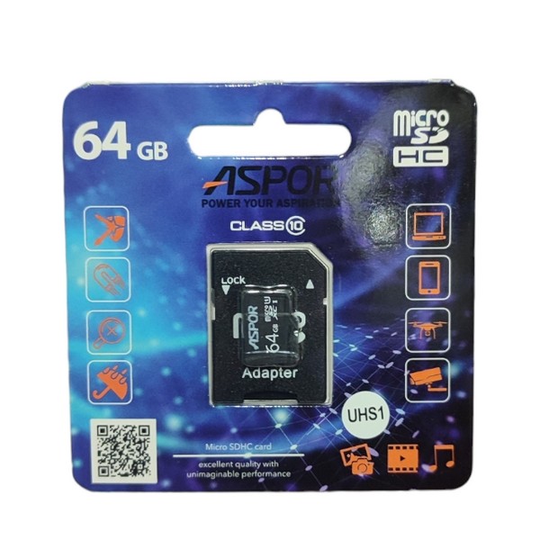 Карта пам`яті Aspor MicroSDHC 64GB UHS-I (Class 10) + SD adapter (шт.)