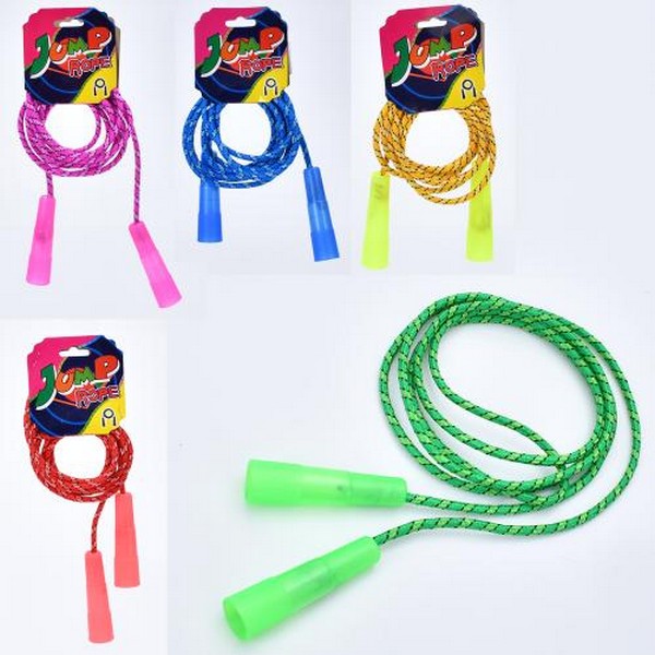 Скакалка MS 4384-2 (200шт) 2,4м (ручки включно), мотузка, 5 кольорів, на листі, 10-19-3см (шт.)