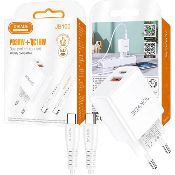 МЗП JOKADE JB100 PD30W+QC3.0 + кабель Type-C to Type-C білий (шт.)