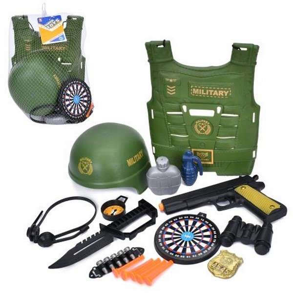 Набір амуніції 03-23 (30шт) каска 17-16-10см, жилет 23-30см, пистолет 22см, присоски 4шт, ніж, бінок (шт.)