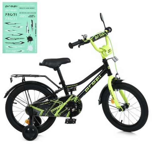 Велосипед дитячий PROF1 14д. MB 14015-1 (1шт) PRIME,SKD75,чорно-салатовий,дзвін.,ліхтар,багажник,дод (шт.)