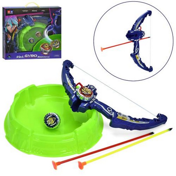 Гра F701 (24шт) 2в1, дзига (метал+пластик) 5см 2шт, світло, лук с запуском 37см, стріла-присоска 2шт (шт.)