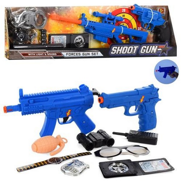 Набір зі зброєю 696-7-697-2 (18шт) автомат, пістолет, годинник, наручники, 2 види, кор.,70-19-5см (шт.)