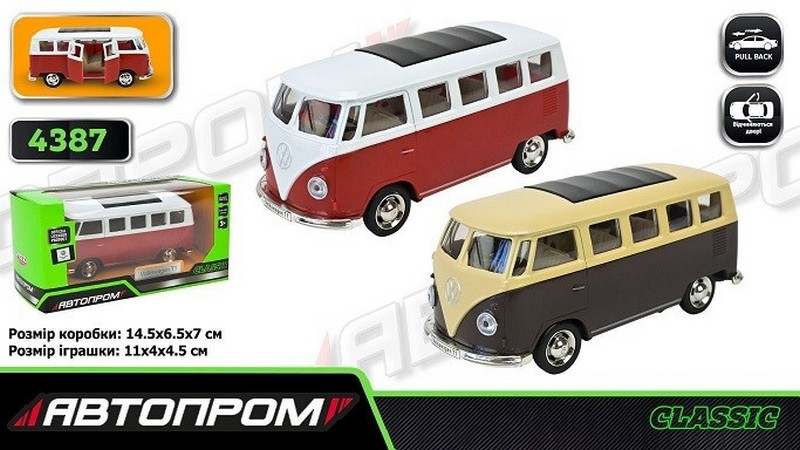 Машина мет. АВТОПРОМ арт. 4387 (96шт/2) 2 кольори 1:38 Volkswagen T1,відкр.двері,короб. 14,5*6,5*7см (шт)