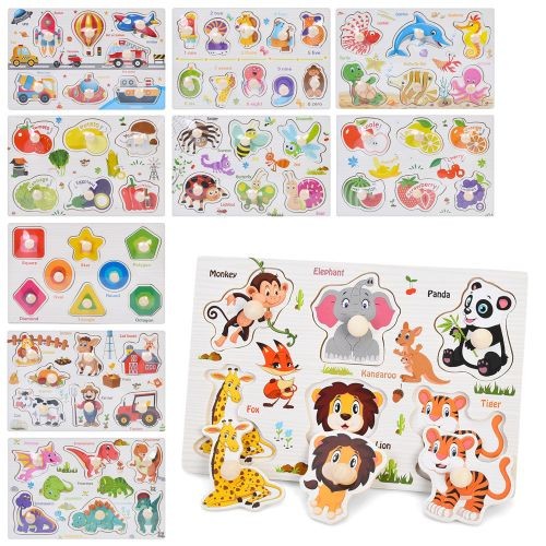 Дерев'яна іграшка Рамка-вкладиш MD 0774 (50шт) з ручкою, назви англ.,10 видів (цифри,тварини, фрукти (шт)