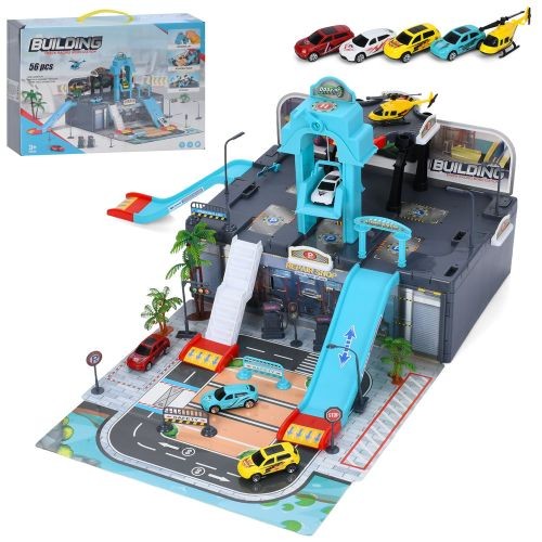 Гараж A245 (9шт) 62-64-в33см, ліфт(механічний), машинка 7см 4шт, вертоліт, дорожні знаки, дерева, 56 (шт)