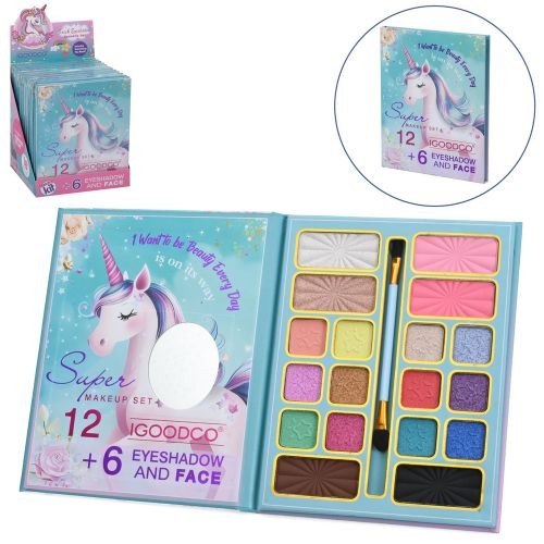 Косметика IG3227 (96шт) тіні, 18шт/18кольорів, дзеркало, палетка-принт єдиноріг, 12шт в дисплеї, 13- (шт)