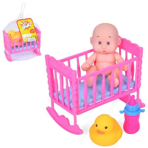 Пупс 2024-F98 (120шт) 11см, ліжко 12,5-10-8,5см, качка-пискавка 6см, пляшечка, в сітці, 12,5-22-8,5с (шт)