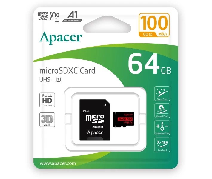 Карта пам`ят Apacei MicroSDHC 64GB UHS-I Class 10 Apacer + SD adapter (AP64GMCSX10UB-R) (шт)