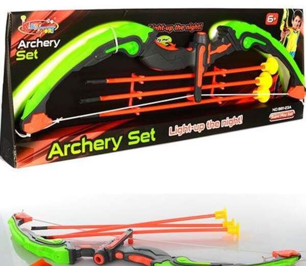 Лук M 0034 (12шт) 62-15см, стріли на присосках 3шт, світло, на бат-ці, у кор-ці, 63,5-21-5,5см (шт.)