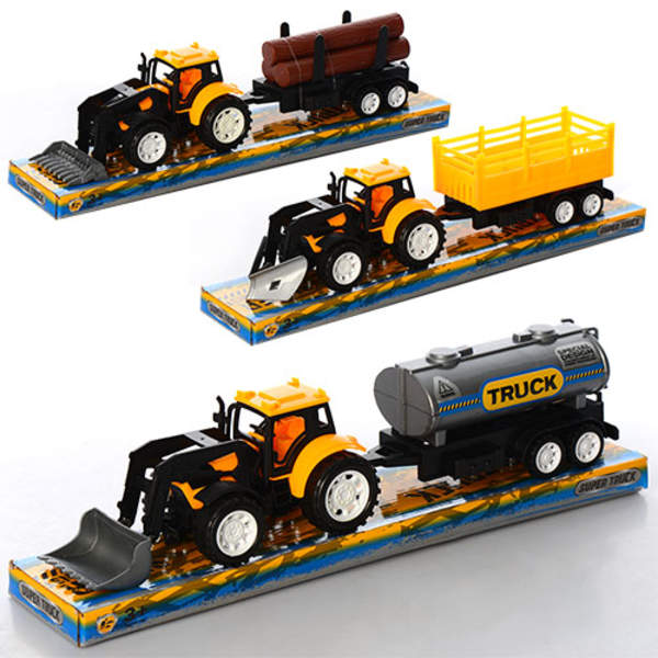 Трактор 9980-1-3-4 (96шт) інер-й, бульдозер 16,5см, с причіпом, 3 види, в слюді, 36,5-8-10см (шт.)