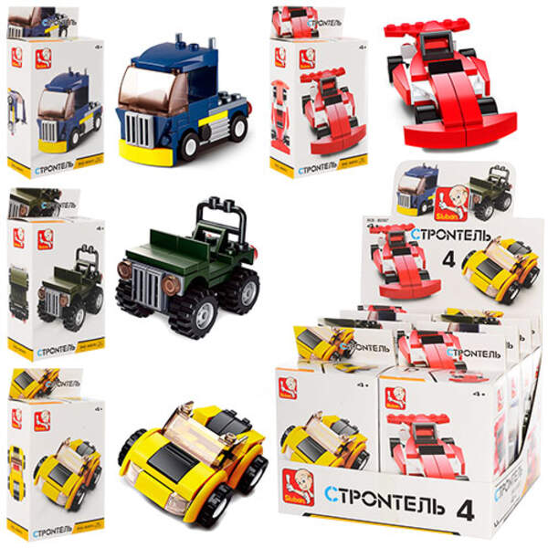 Конструктор SLUBAN M38-B0597 (144шт) машинка, в кор-ці, 8шт (4 види) в дисплеї, 18,5-19,5-16,5см (шт.)