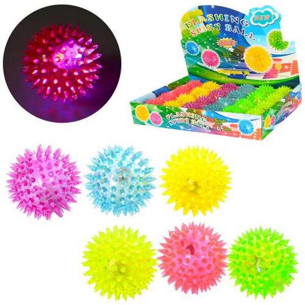 М'яч масажний MS 1137-1 (240шт) 6,5см, св, пискавка, на бат(таб),12шт в пакеті (6колір,),38.5-26-6см (шт.)