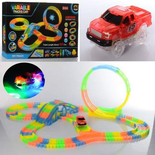 Трек GD-8002A (18шт) 383см, светится в темноте,машина9,5см-свет,194дет,на бат-ке,в кор-ке,57-35-8см (шт.)