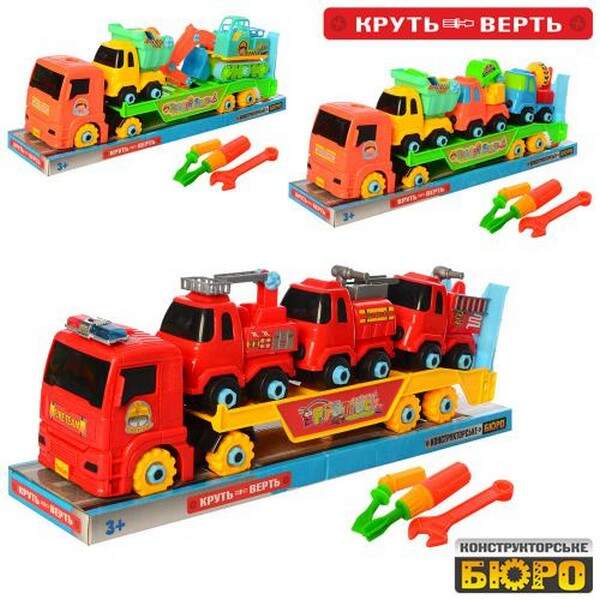 Конструктор 8636-8637-8639 (24шт) на шурупах, трейлер39см, машинки від 10см. 3в, у слюді, 43-15-10см (шт.)