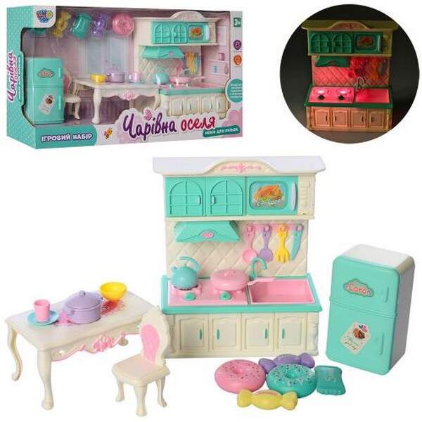 Меблі M 4434 UA (18шт) кухня, посуд, солодощі, звук, світло, бат (таб), в кор-ці, 38-21-9см (шт.)