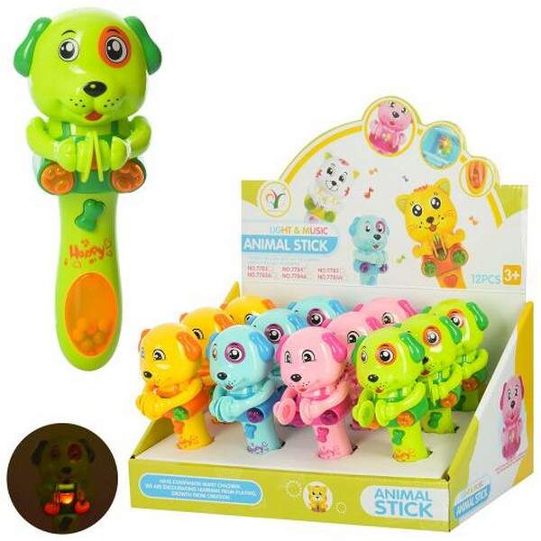 Погремушка 7784 (120шт) собачка, 16см,муз,зв,св, на бат-ке12шт(4цвета) в дисплее, 29-19-16см (шт.)