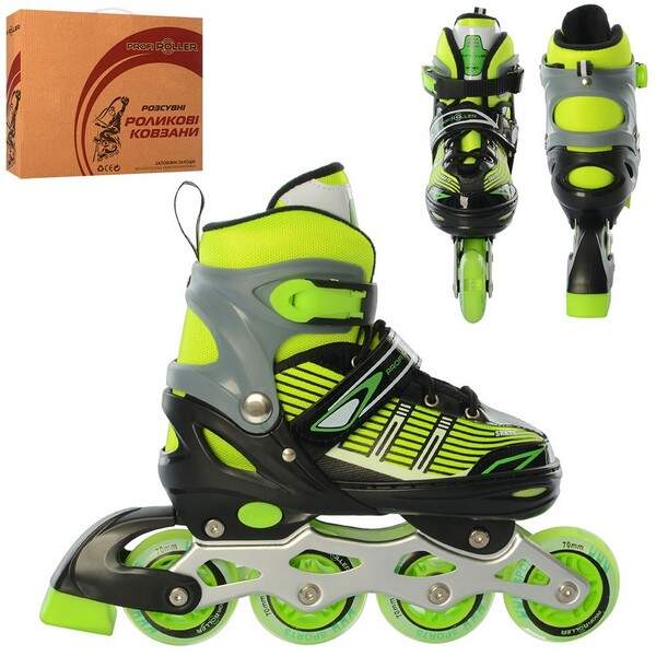 Ролики A 4139-M-GR(35-38) (1шт) раздв, шнур+бакля,ал.рама,колПУ70мм, 1св,зелен,в кор-ке,35-28-10,5см (шт.)