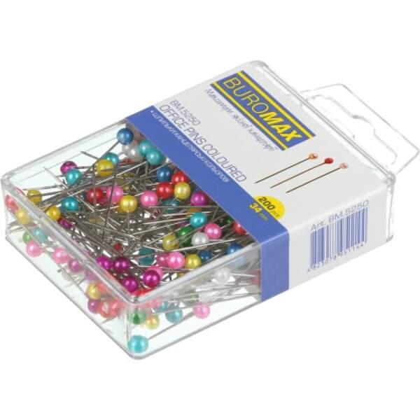 Булавки канцелярські кольорові, 34х0.65 мм, 200 шт., пласт. Контейнер BM.5250 (10/360шт) (шт.)