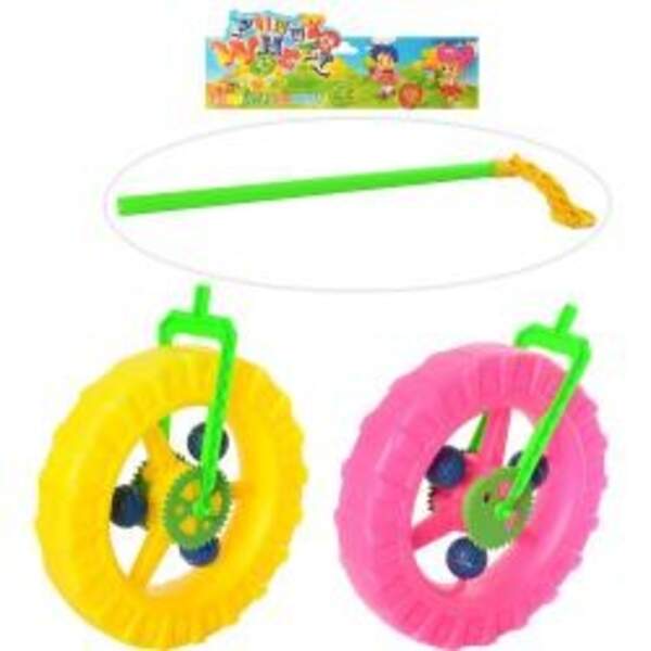 Каталка 1289 (48шт) на палиці 38см, колесо 24см, тріскачка, 2 кольори, в кульку, 25,5-34-7см (шт.)