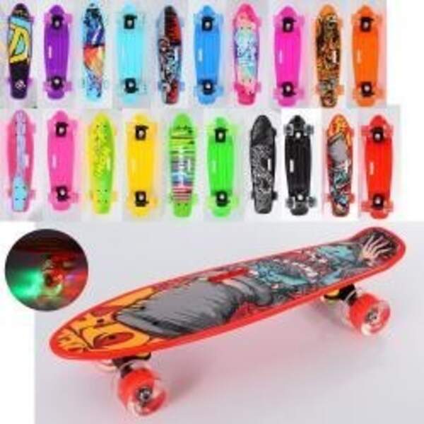 Скейт MS 0749-11 (10шт) пенні, 55-14,5 см, алюм. підвіс,колПУ-світло,малюнок,ручка, розібр,10вид, в (шт.)