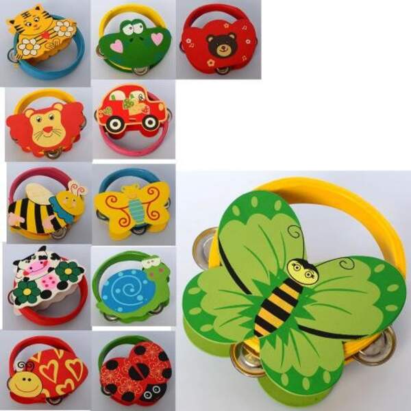 Дерев'яна іграшка Бубен MD 2477 (50шт) мікс видів (тварина, транспорт, комаха), в кульку, 14-14-4см (шт.)