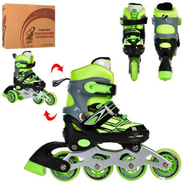 Ролики A 4144-XS-GR (27-30) (1шт) раздв,шнур+бакля,ал.рама,колПУ64мм-1св,комбо,зелен,кор,34-27-10см (шт.)