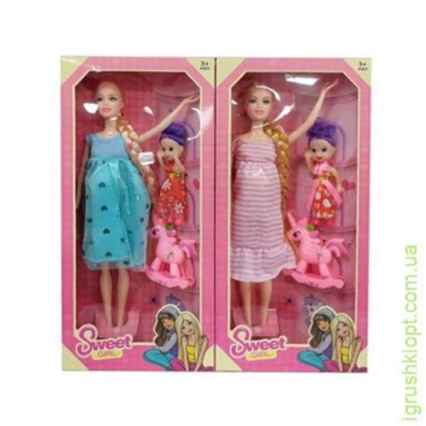 Лялька 923E (60шт) 29см,вагітна, довге волосся, дочка10см,конячка,2види,в кор-ці,16-33-5см (шт.)