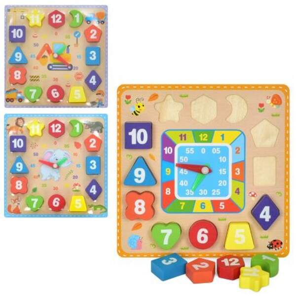 Дерев'яна іграшка Годинник MD 1903 (50шт) рамка-вкладиш, 3 види, у кульку 18-18-2см (шт.)