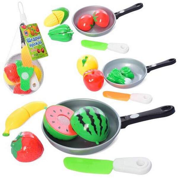 Продукти 4013D (144шт) на липучці, 3шт, сковорідка, ніж, 3 види (овочі/фрукти), в сітці, 20-12-6см (шт.)