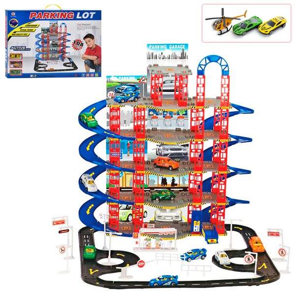 Гараж 0908-32 (12шт) оверхів, машинка 2шт, гелікоптер, дорожні знаки, в кор-ці, 62-45-5см (шт.)