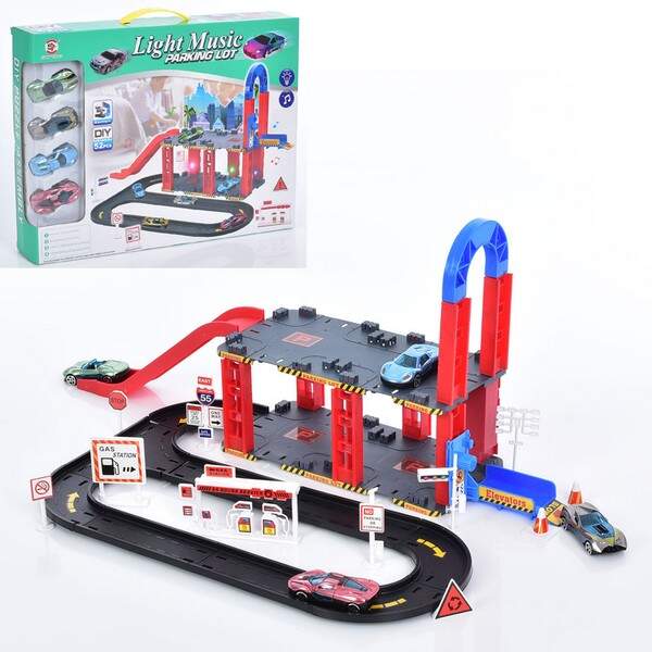 Гараж 0908-75A (24шт) 50-33-20см, машинка 4шт, звук, світло, на бат-ці, в кір-ці, 43-32,4-5см (шт.)