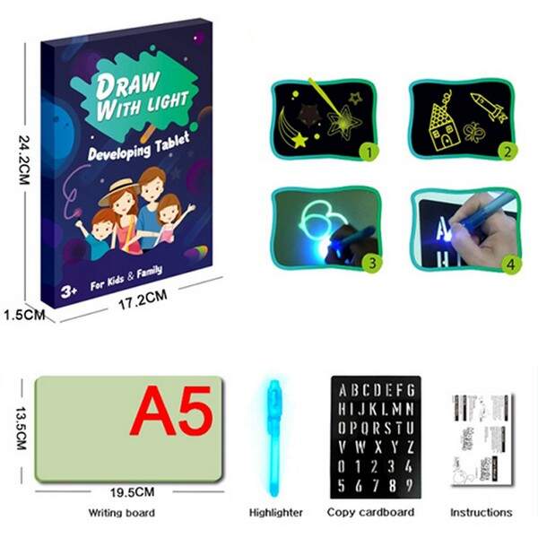 Дошка для малювання F66-A5L (144шт) 19-13см, малюй світлом, маркер-ліхтарик, трафарет, на бат-ці( (шт.)