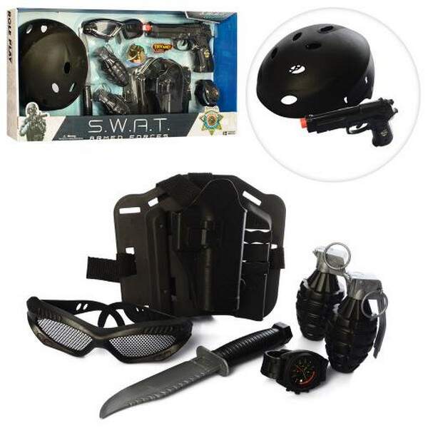 Набір поліцейського S006 (12шт) пістолет-звук, каска, окуляри, годинник, ніж,бат(табл),кор,59-30-7см (шт.)