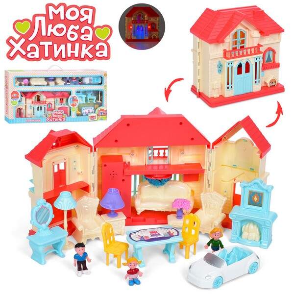 Будиночок WD-933B (12шт) 38-19см, автомобіль 12см, фігурка 6см 3шт, меблі,звук, світло, на бат-ці. в (шт.)