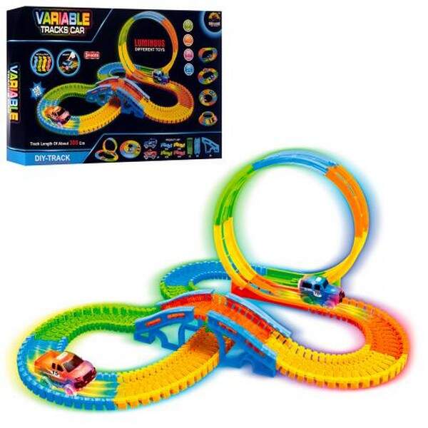 Трек GD-8156A (24шт) світиться в темряві, 305см, машинка-світло,їздить,156дет,бат,в корці, 49-32,5-7 (шт.)
