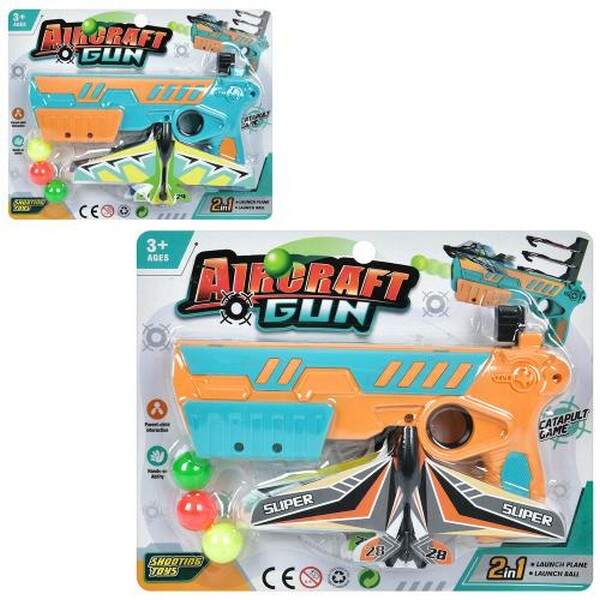 Пістолет 2022-1A (90шт) 19см, стріляє кульками 3шт, літак на запуску 4шт, 2 кольори, в кор-ці, 23-18 (шт.)