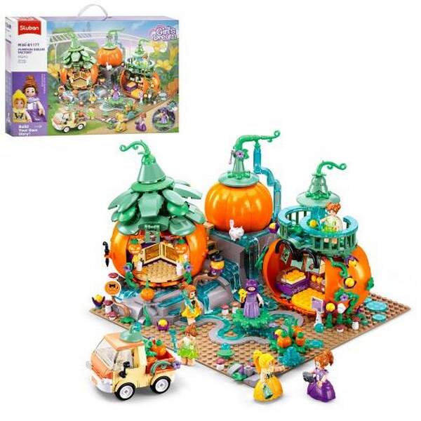 Конструктор SLUBAN M38-B1177 (6шт) рожева серія, будинок (у вигляді гарбуза), машина, фігурки, 952де (шт.)