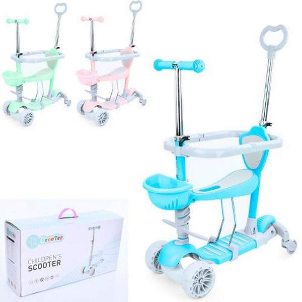 Самокат JR 3-102 (6шт) MAXI, 5в1(біговел),сталь+пласт,3кол,2 пер.ПУ120мм,світ,заднє 100мм, доп.колес (шт.)