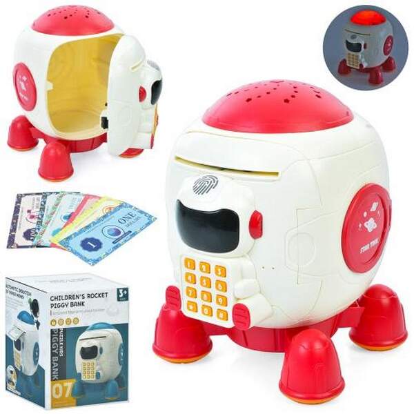 Скарбничка MK 5062 (12шт) ракета, 21-16-16см, сейф з кодом, затягує купюри, звук, світло, проектор н (шт.)