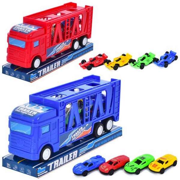 Трейлер 588C-1-2 (96шт) 19,5см, інерція, 4 машинки 6см, 2 види, в слюді, 20-9-6см (шт.)