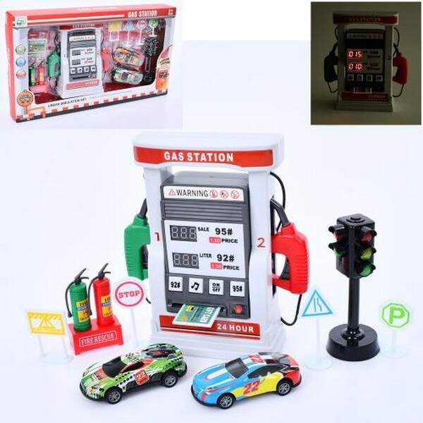 Набір з транспортом KP612 (18шт) заправка-електронне табло, звук, машина 2шт 8см, світлофор, дорожні (шт.)