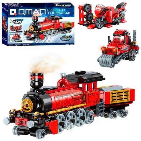 Конструктор Qman 42101 (32шт) 3в1(поїзд, будтехніка, мотоцикл), 305дет, в кор-ці, 31,5-19-5см (шт.)