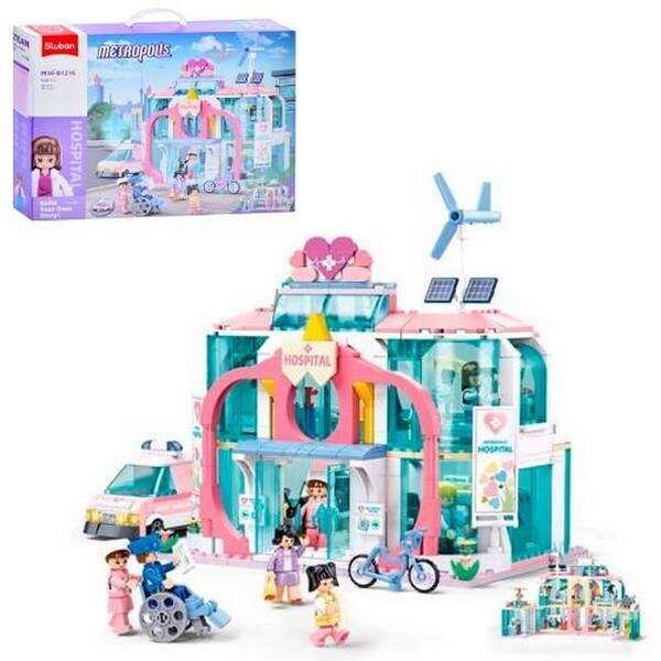Конструктор SLUBAN M38-B1216 (8шт) рожева серія, лікарня, 38,3см, машина, фігурки, 668дет, в кор-ці, (шт.)