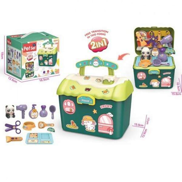 Набір ігровий «грумер» 2201-6 (48шт) 2в1(чемодан 17-16-12,5см, стіл 21,5-16,5-16см), панда, фен, нож (шт.)