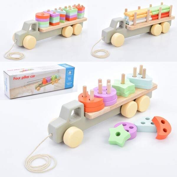 Дерев'яна іграшка Геометрика MD 0837 (21шт) трейлер, 29,5см, каталка(на шнурі), 3 види (1вид-палички (шт.)