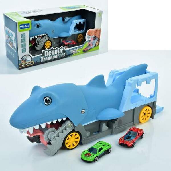 Трейлер E7016 (12шт) корпус-акула/трек, 34см, звук, світло, машинка 2шт 7см, бат(табл), в кор-ці, 41 (шт.)